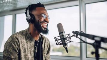 AI Generative Bearded afro american man singing to microphone recording song in music studio production  Music hobby and festival concept photo