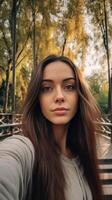 AI Generative Beatiful caucasian girl takes a selfie outdoor photo