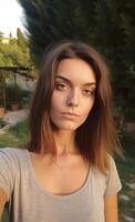 AI Generative Beatiful caucasian girl takes a selfie outdoor photo