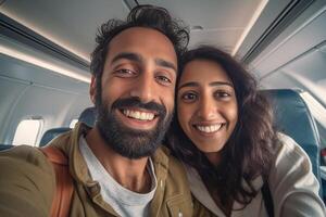 AI Generative Beatiful couple on vacation taking a selfie near their private airplane photo