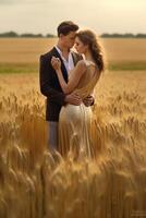 AI Generative Beautiful and young sensual couple are kissing outdoor in summer wheat field photo