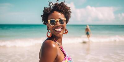 AI Generative Beautiful black woman taking selfie at the beach  African female having fun on a sunny day at summer vacation photo