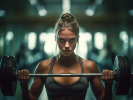 AI Generative Beautiful caucasian girl is training in the gym lifting weights photo