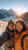 AI Generative Beautiful couple at vacation taking a selfie portrait hiking mountain on a lake background at winter People travelling exploring together the world photo