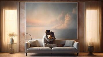 AI Generative Beautiful couple having a romantic kiss lying on the sofa in the living room at home photo