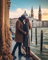 ai generativo hermosa Pareja en amor en Venecia Italia romántico amantes besos en un fecha en san marco cuadrado Venecia foto