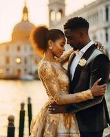 AI Generative Beautiful couple in love having fun embracing and laughing doing piggyback ride at holiday in Venice Italy on Piazza San Marco photo