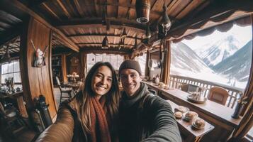 AI Generative Beautiful couple of young adults taking selfie in winter alpine lake  Happy tourists visiting lake of Braies Italy  Travel lifestyle and wanderlust concept photo