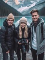 AI Generative Beautiful couple of young adults taking selfie in winter alpine lake  Happy tourists visiting lake of Braies Italy  Travel lifestyle and wanderlust concept photo