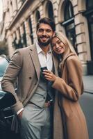 AI Generative Beautiful happy couple taking a selfie with phone at Piazza San Marco in Venice Italy Boyfriend and girlfriend in love enjoying italian holidays outdoor Vintage filter photo