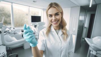 ai generativo hermosa contento joven mujer sentado en médico dentista centrar tomando un selfie oral cuidado de la salud concepto foto
