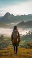 AI Generative Beautiful hiker woman on the top of the mountain pointing at the sunset valley Girl with backpack travel alone in the nature photo
