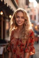 AI Generative Beautiful young woman smiling at camera taking a selfie visiting Venice Italy Happy girl enjoying weekend in Piazza San Marco Venice photo