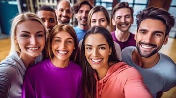 ai generativo mejor amigos tomando un yo retrato grupo de joven y contento personas en vacaciones a el spa foto