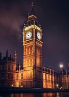 AI Generative Big Ben one of the most prominent symbols of both London and England as shown at night along with the lights of the cars passing photo