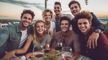 ai generativo mejor amigos tomando selfie sentado en restaurante para cena grupo de joven personas a terraza fiesta Bebiendo rojo vino juntos amistad y contento estilo de vida concepto foto