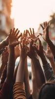 AI Generative Big group of happy friends stands on city street with raised arms together  Multiracial young people having fun outdoor  Volunteer teamwork with hands up   Community and friendship photo