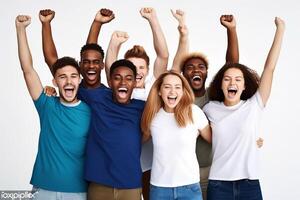 AI Generative Big group of happy friends with arms up smiling at camera together  Multiracial young people having fun outdoors  Volunteer with hands up showing teamwork spirit  Community and fri photo