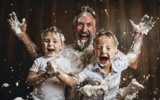 AI Generative Black and white image of a happy couple having fun playing with shaving foam in the bathroom at home photo