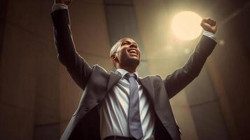 AI Generative Black businessman celebrating success photo