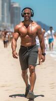 AI Generative Black athlete running man  male runner at the beach listening to music on smartphone Jogger training with smart phone armband photo