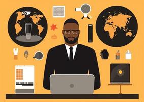 AI Generative Black businessman working at his computer  people technology business and lifestyle concept photo