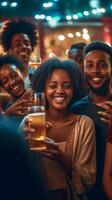 AI Generative Black young woman smiling at the camera celebrating with friends Diverse people hanging out toasting and drinking cocktails outdoor photo