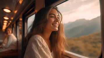 AI Generative Blur image of a young woman on a train watching at the window photo