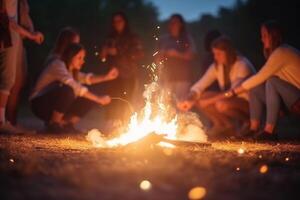 AI Generative Blur view friends having fun at campfire in the night photo