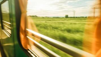 AI Generative Blur image of a young woman on a train watching at the window photo