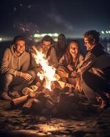 ai generativo difuminar ver amigos teniendo divertido a hoguera en el noche foto