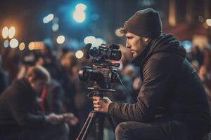 AI Generative Cameraman is filming a movie scene photo