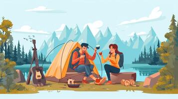 AI Generative Camping couple in tent taking selfie Happy friends having fun togheter Concept about people lifestyle and technology photo