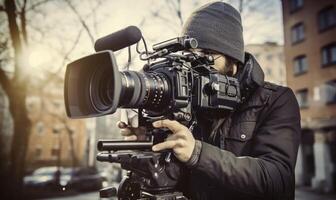 AI Generative Cameraman is filming a movie scene photo