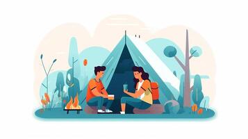 AI Generative Camping couple in tent taking selfie Happy friends having fun togheter Concept about people lifestyle and technology photo