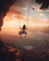 AI Generative Carefree woman on the swing on a inspiring landscape Dream concept photo