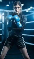 AI Generative Caucasian adult woman training kickboxing at the gym photo