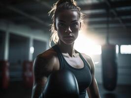 AI Generative Caucasian adult woman training kickboxing at the gym photo