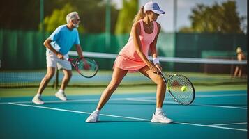AI Generative Caucasian couple playing tennis togheter in the court photo