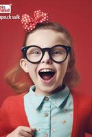 AI Generative Caucasian girl having fun holding a fakes mustache and eyeglasses photo