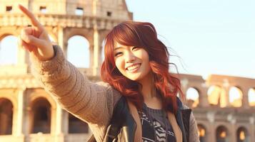 ai generativo caucásico niña es tomando un selfie en frente de coliseo Roma foto