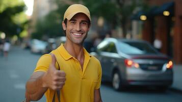 ai generativo caucásico hombre vocación Taxi Servicio haciendo el firmar de Okay con su mano caucásico personas personas Taxi tecnología y estilo de vida concepto foto