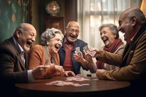 AI Generative Cheerful group of seniors having fun playing card games at bar table  Old people enjoying free time together  Active retirement concept photo