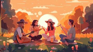 ai generativo alegre joven personas teniendo picnic fiesta al aire libre contento amigos grupo teniendo divertido canto y jugando guitarra juntos amistad concepto foto