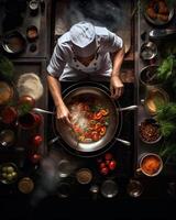 AI Generative Chef cooking vegetables in the kitchen of a restaurant View from above Concept about food people and lifestyle photo