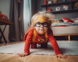 ai generativo niño y madre en superhéroe disfraz jugando juntos a hogar contento hijo y mamá teniendo divertido en vivo habitación familia concepto foto