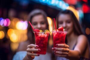 AI Generative Close up image of hands holding cocktail glasses at bar restaurant  Young people having fun hanging out on weekend day  Food and beverage concept with guys and girls drinking alcoh photo