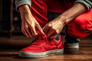 AI Generative Close up of a black man hands tying shoelaces before training starts photo