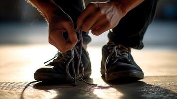 AI Generative Close up of a black man hands tying shoelaces before training starts photo