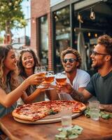 AI Generative Closeup picture of people drinking beer and eating pizza on balcony at brewery pub table  Happy friends having dinner party at pizzeria restaurant  Dining lifestyle concept photo